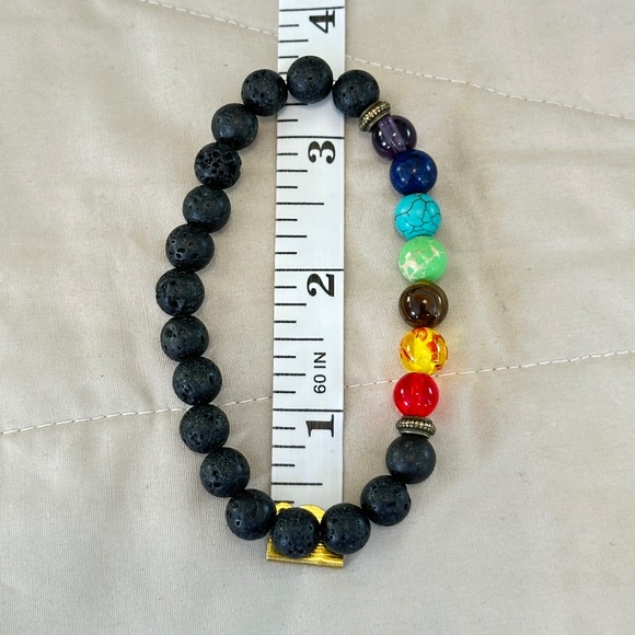 Multicolor 7 stone chakra stretchy bracelet w/black lava stones - Picture 14 of 15